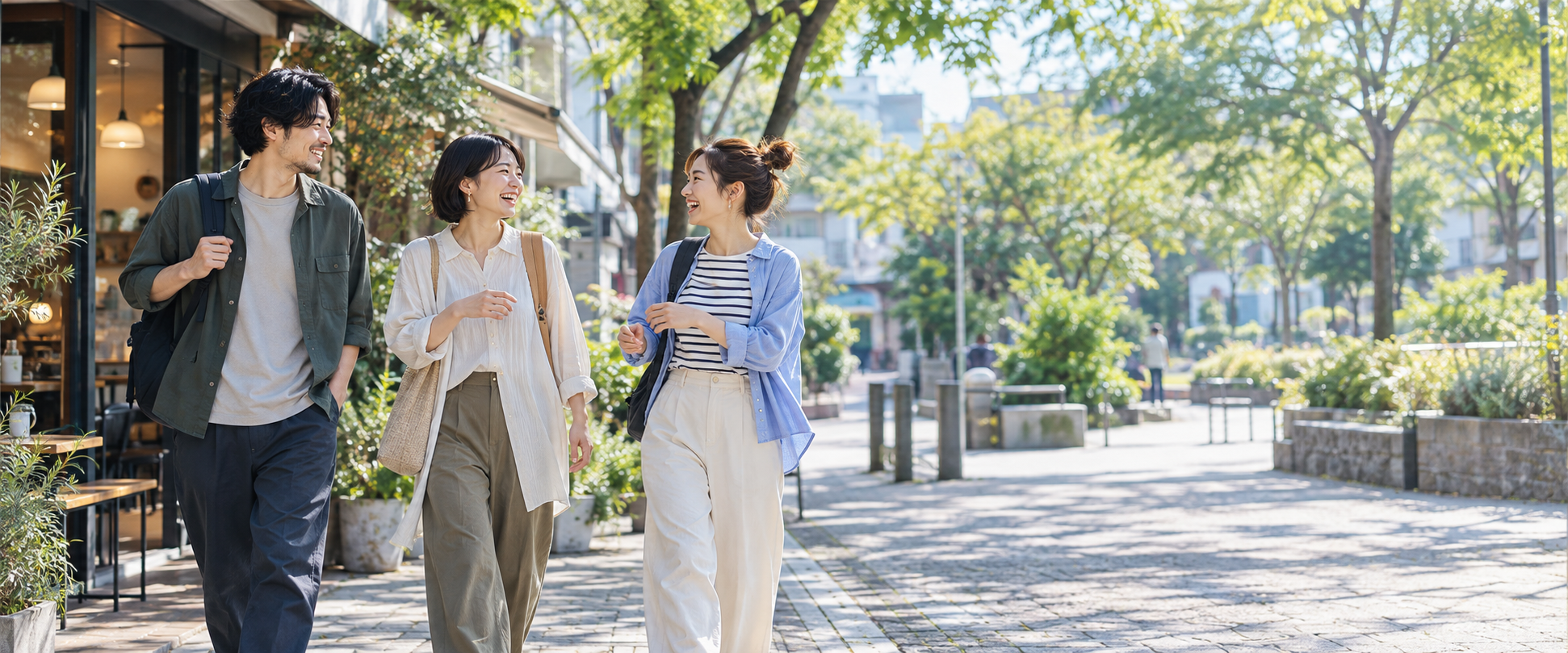 緑のある街角で、知人同士が笑顔で会話しながら歩く様子